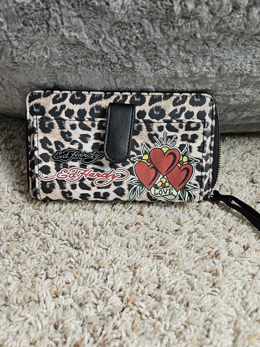 Ed Hardy Leopard Print Wallet with Red Heart Tattoo Motif